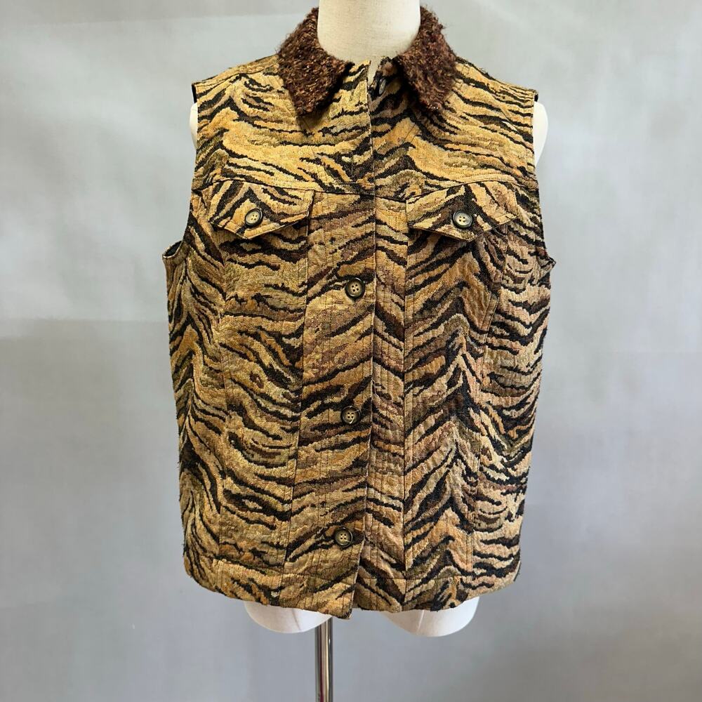 Coldwater Creek tapestry tiger print jacquard vest with boucle collar size small